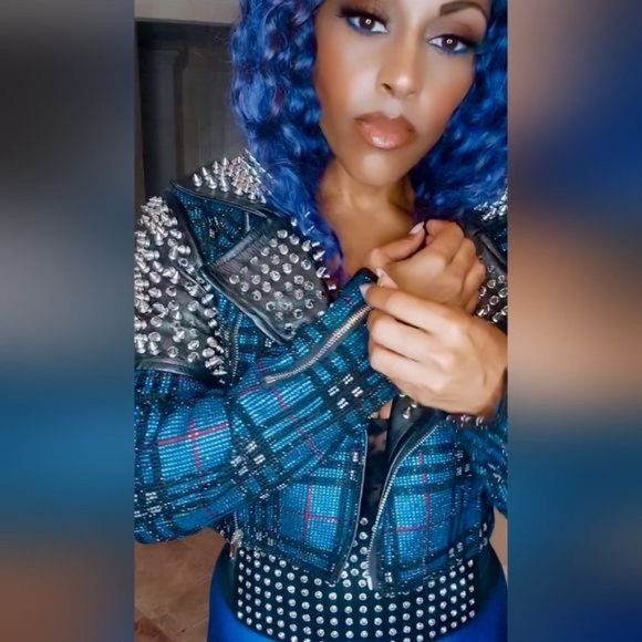 Callie Berry Bling: Teal Plaid Rhinestone Silver Studded Black Moto Jacket - Picture 10 of 12